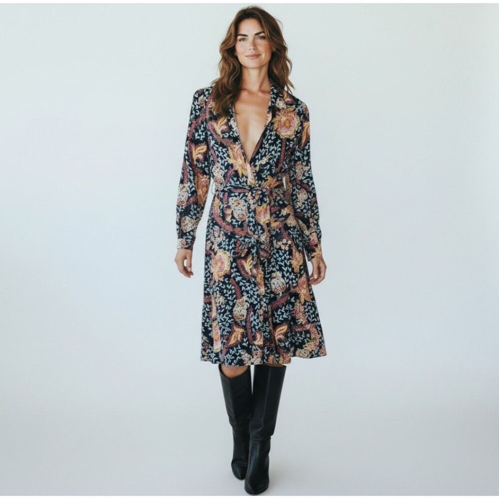 LOFT Paisley Floral Shirtdress Womens 2P Navy Blue Excellent Long Sleeve Midi - Picture 1 of 8